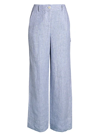 Shop Theory Striped Linen Wide-leg Carpenter Pants In Blue White