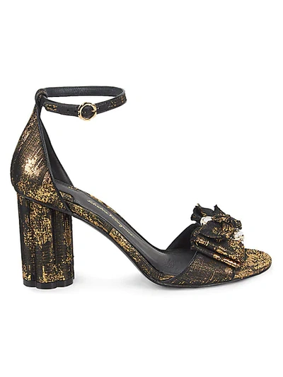 Shop Ferragamo Argenta Embellished Bow Metallic Jacquard Sandals In Black Gold