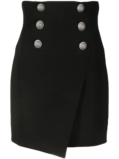 Shop Balmain Buttoned Wraparound Mini Skirt In Black