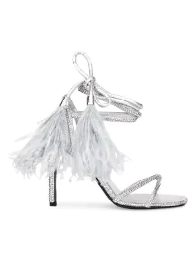 Shop Valentino Garavani Upflair Feather-trimmed Crystal-embelished Leather Sandals In Silver