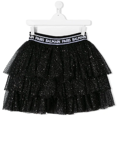 Shop Balmain Teen Glittered Tulle Skirt In Black