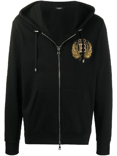 Shop Balmain Embroidered Crest-motif Hoodie In Black