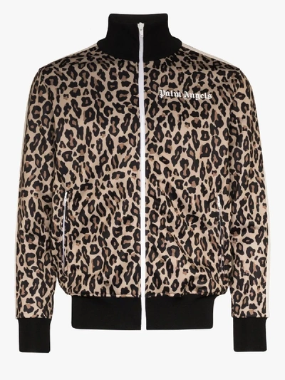 Shop Palm Angels Leopard Print Zip-up Sweatshirt In Neutrals