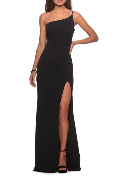 Shop La Femme One-shoulder Jersey Gown In Black