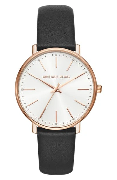 Shop Michael Kors Pyper Leather Strap Watch, 38mm In Black/ White/ Rose Gold