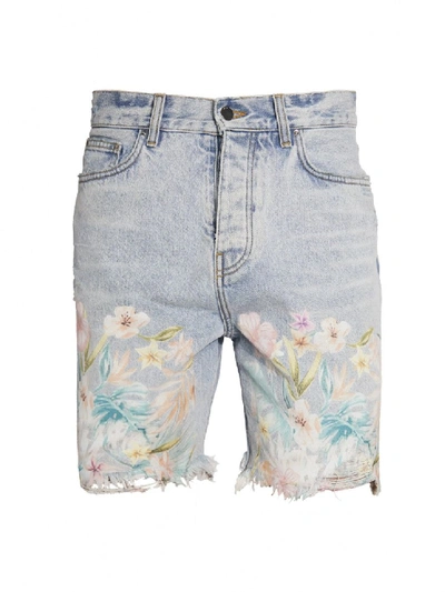 Shop Amiri Floral Leaf Denim Shorts In Blue