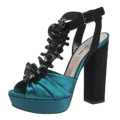 Pre-owned Miu Miu Multicolor Satin, Suede And Ruffled Patent Leather Platform Ankle Strap Sandals Size 41