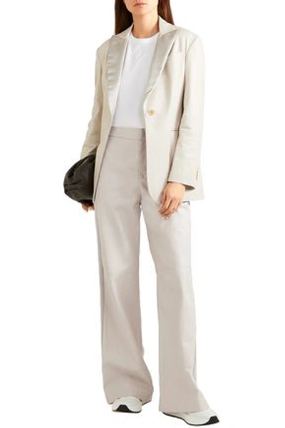 Shop Brunello Cucinelli Satin-trimmed Leather Wide-leg Pants In Stone