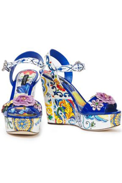 Shop Dolce & Gabbana Floral-appliquéd Printed Patent-leather Wedge Sandals In Blue