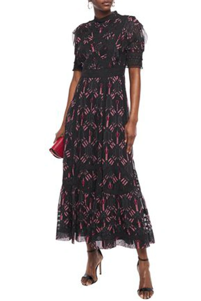Shop Valentino Lace-trimmed Printed Silk-chiffon Midi Dress In Black