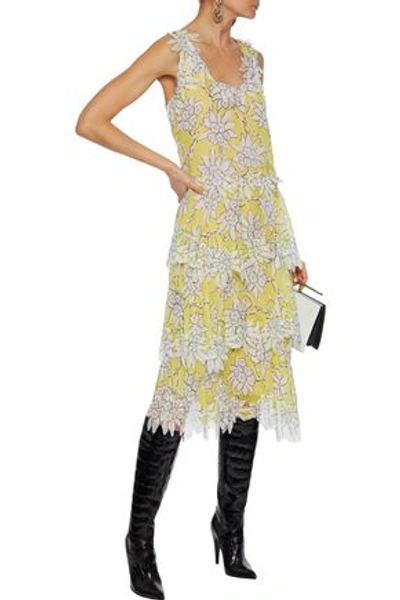 Shop Valentino Tiered Floral-print Silk-chiffon Midi Dress In Pastel Yellow