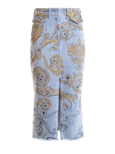 Shop Versace Jeans Couture Patterned Denim Pencil Skirt In Light Wash