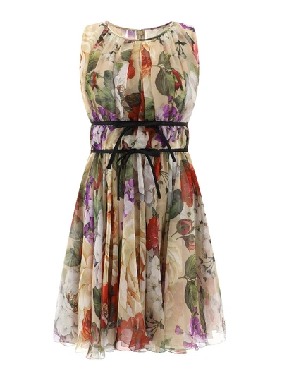 Shop Dolce & Gabbana Floral Print Silk Chiffon Dress In Beige