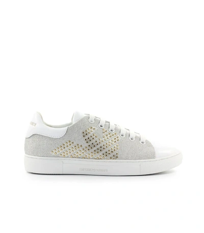 Shop Emporio Armani White Leather Gold Studs Sneaker In Bianco/oro (white)
