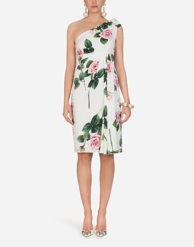 Shop Dolce & Gabbana Tropical Rose Print One Shoulder Longuette Dress In Floral Print