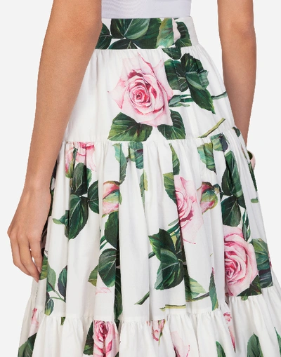 Shop Dolce & Gabbana Poplin Tropical Rose Print Circle Longuette Skirt In Floral Print