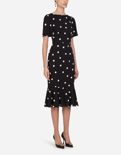 Shop Dolce & Gabbana Polka Dot Print Charmeuse Longuette Dress In Black