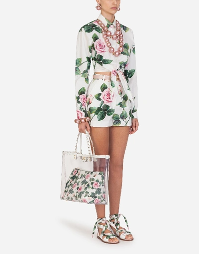 Shop Dolce & Gabbana Poplin Shirt With Tropical Rose Print Knot In Floral Print