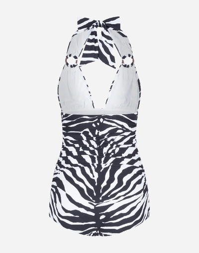 Shop Dolce & Gabbana One-piece Swimsuit With Rings, Zebra Print And Plunging Neckline In Animal Print