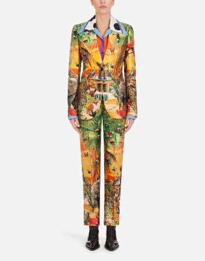 Shop Dolce & Gabbana Single-breasted Jacket In Shantung With Jungle Print In Multicolored