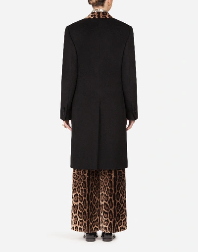 Shop Dolce & Gabbana Mixed Cashmere Coat With Leopard Print Detail