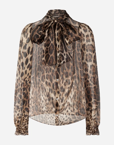 Shop Dolce & Gabbana Pussy-bow Organza Shirt With Leopard Print In Leo Print