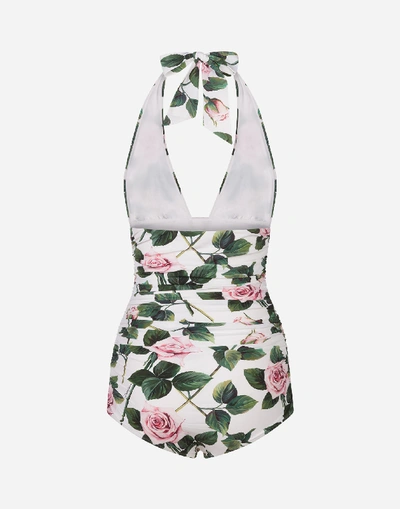 Shop Dolce & Gabbana One-piece Swimsuit With Plunging Neckline And Tropical Rose Print In Floral Print