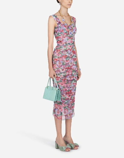 Shop Dolce & Gabbana Form-fitting Dress In Violet-print Tulle In Floral Print