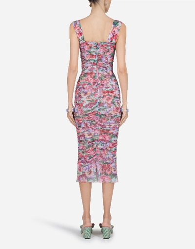 Shop Dolce & Gabbana Form-fitting Dress In Violet-print Tulle In Floral Print