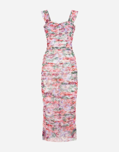 Shop Dolce & Gabbana Form-fitting Dress In Violet-print Tulle In Floral Print