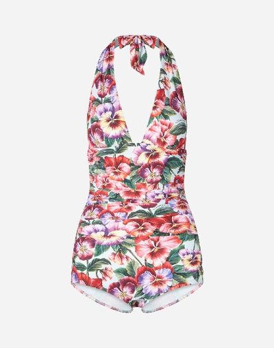Shop Dolce & Gabbana Full Swimsuit With Plunging Neckline And Violet Print In Floral Print