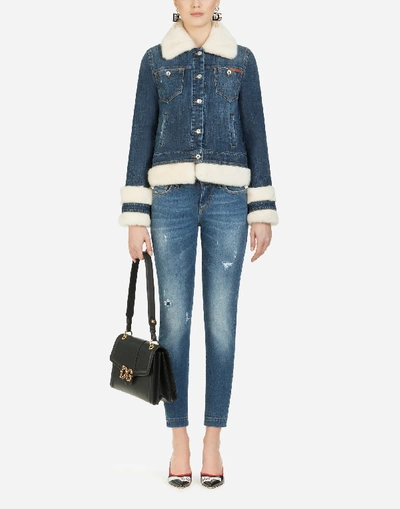 Shop Dolce & Gabbana Denim Jacket With Faux Fur Details In Blue