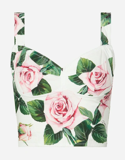 Shop Dolce & Gabbana Tropical Rose Print Poplin Bustier Top In Floral Print