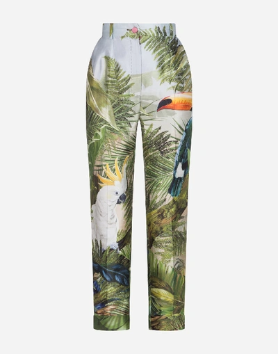 Shop Dolce & Gabbana High-waisted Pants In Shantung With Jungle Forest Print In Multicolored