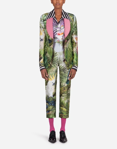 Shop Dolce & Gabbana High-waisted Pants In Shantung With Jungle Forest Print In Multicolored