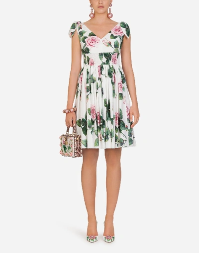 Shop Dolce & Gabbana Poplin Tropical Rose Print Midi Dress In Floral Print