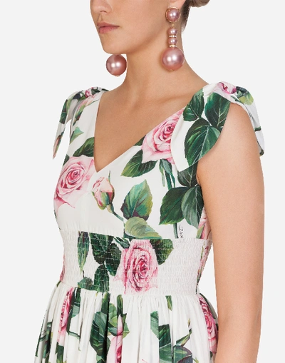 Shop Dolce & Gabbana Poplin Tropical Rose Print Midi Dress In Floral Print