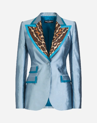 Shop Dolce & Gabbana Single-breasted Block Color Jacket In Shantung In Light Blue