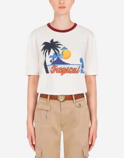 Shop Dolce & Gabbana Jersey T-shirt With Tropical Print In Cream