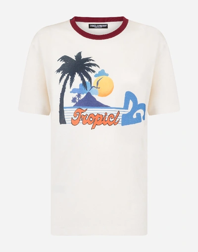 Shop Dolce & Gabbana Jersey T-shirt With Tropical Print In Cream