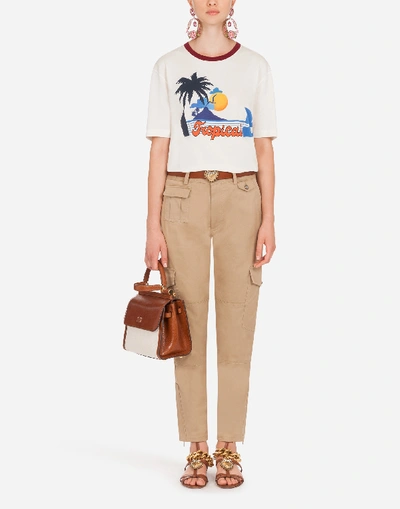 Shop Dolce & Gabbana Jersey T-shirt With Tropical Print In Cream