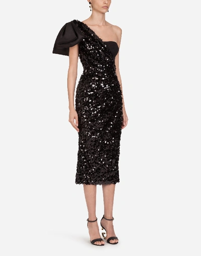 Shop Dolce & Gabbana Sequined Longuette Dress With Bow In Black