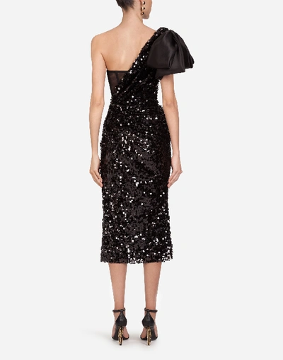 Shop Dolce & Gabbana Sequined Longuette Dress With Bow In Black