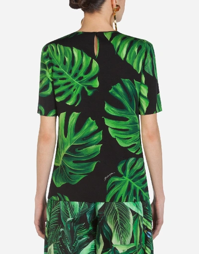 Shop Dolce & Gabbana Short-sleeved Top In Charmeuse With Philodendron Print In Floral Print
