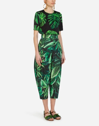 Shop Dolce & Gabbana Short-sleeved Top In Charmeuse With Philodendron Print In Floral Print