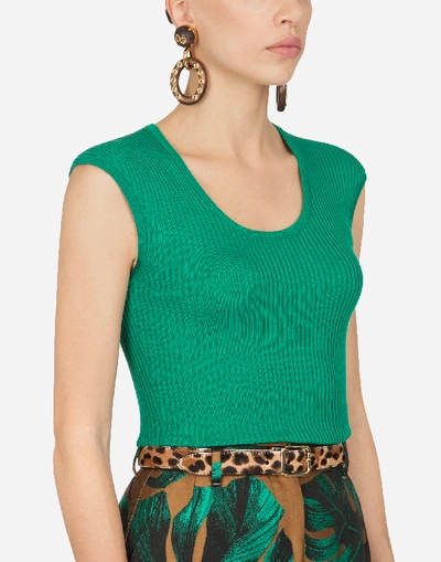 Shop Dolce & Gabbana Sleeveless Sweater In Ribbed Silk In Green