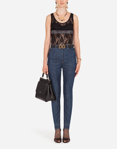 Shop Dolce & Gabbana Lace Top With Branded Elastic In Black