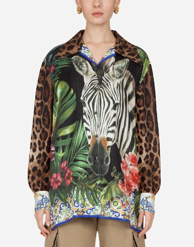 Shop Dolce & Gabbana Oversized Shirt In Twill With Zebra And Leopard Print In Multicolored