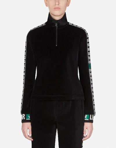 Shop Dolce & Gabbana Velvet Sweatshirt With Dg Logo Bands In Black