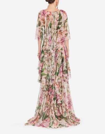 Shop Dolce & Gabbana Long Rose-print Chiffon Dress With Cape In Floral Print